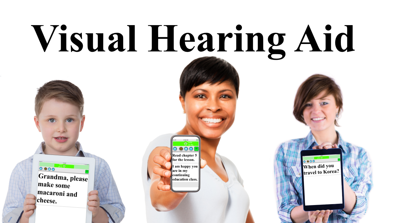 An image showing three people of different ages holding up the visual hearing aid app - on the screen text is displayed that has been transcribed